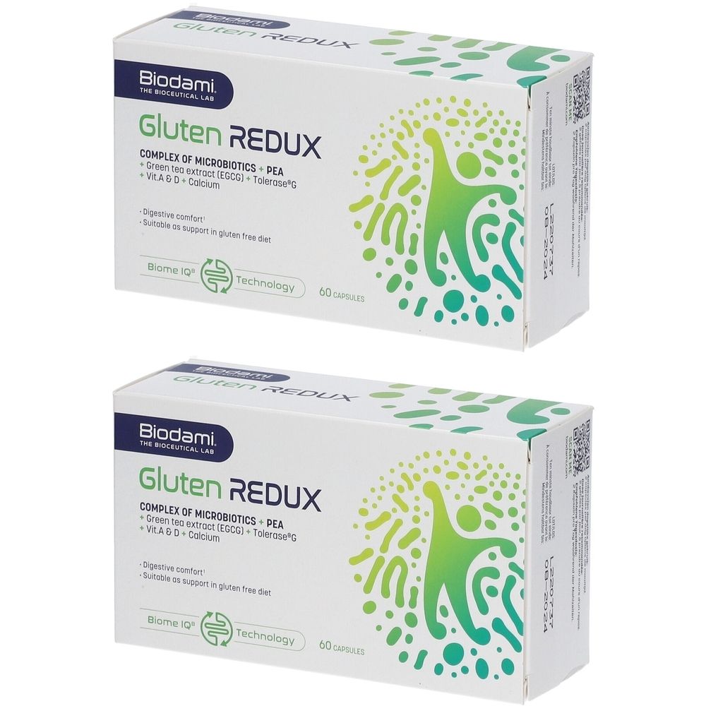 Twee dozen Biodami Gluten Redux. Witte verpakking met groene en blauwe accenten. Tekst: Gluten Redux, 50 capsules.