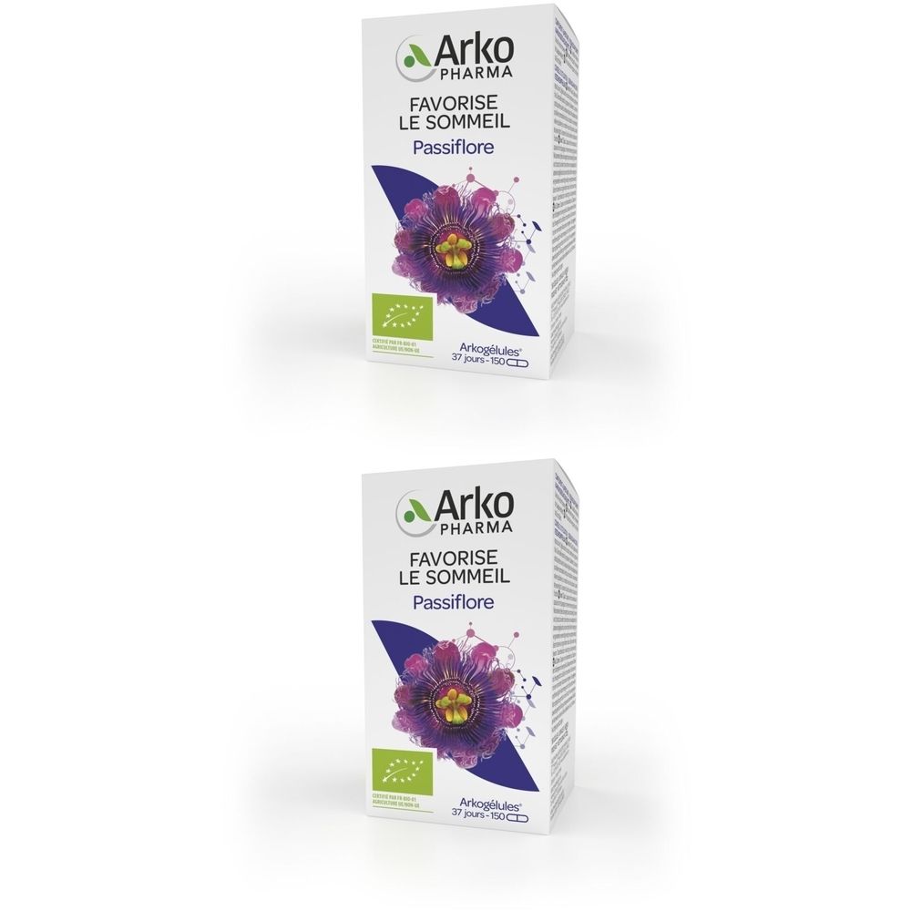 Boîte Arkogélules Passiflore Bio. Logo bio. Texte: Favorise le sommeil, Passiflore.
