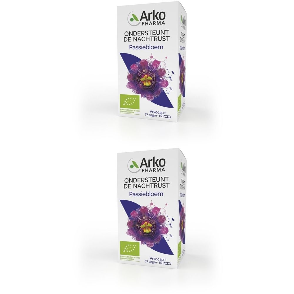 Doos Arkogélules Passiebloem Bio. Bio-logo. Tekst: Ondersteunt de nachtrust, Passiebloem.