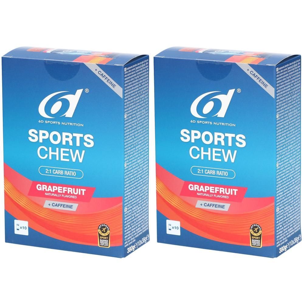 Twee dozen 6d Sports Chew. Blauwe verpakking met logo en productinfo. Grapefruit smaak, cafeïne.