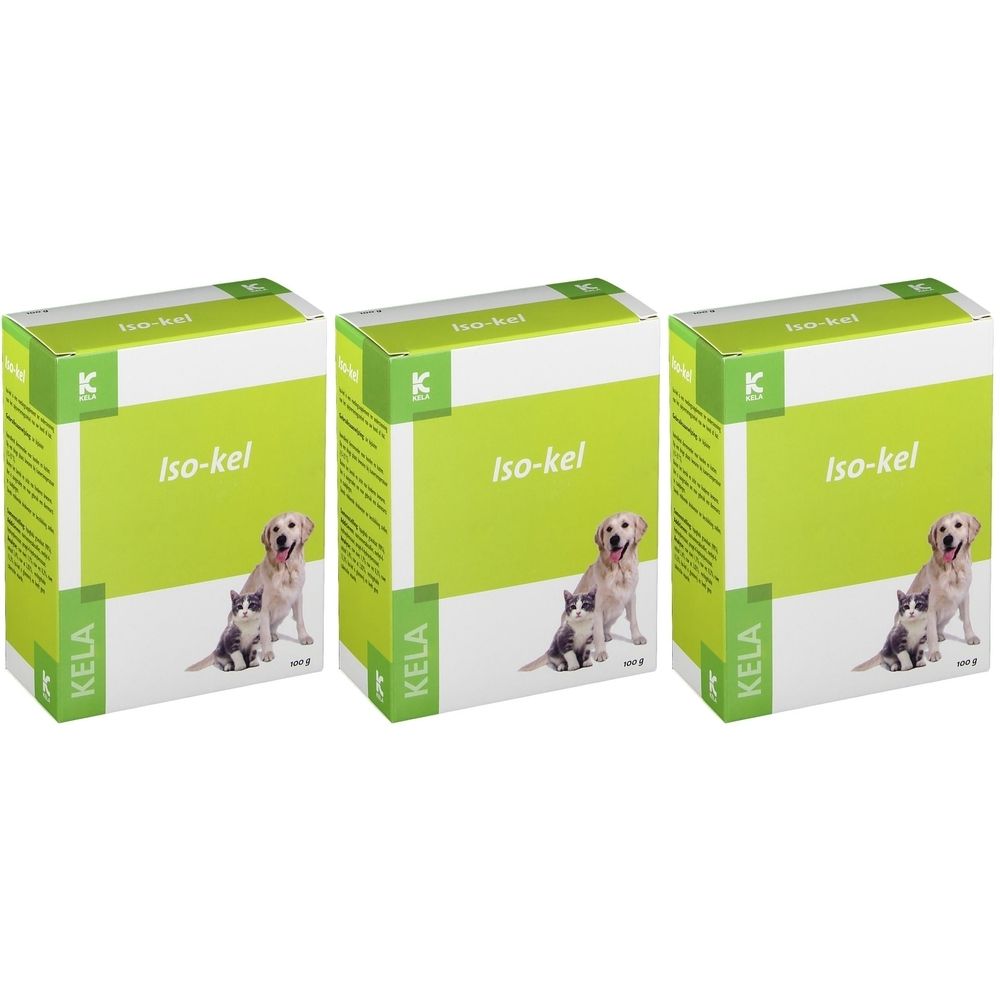 Drie dozen met de tekst "Iso-kel". Op elke doos staan een hond en een kat afgebeeld. Het logo "K" staat linksboven.