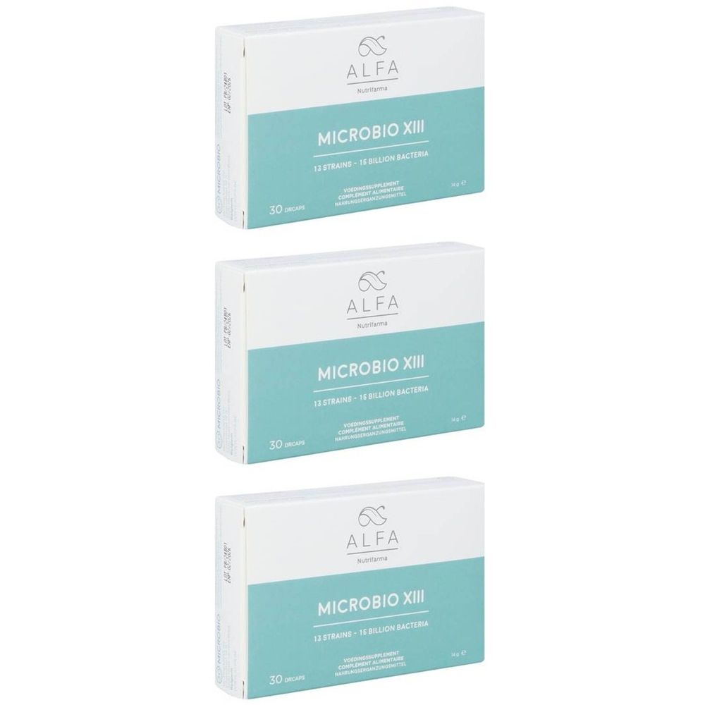 Trois boîtes de Alfa Nutrifarma Microbio XIII. Emballage blanc avec bande bleu-vert. Inscription: 30 gélules.