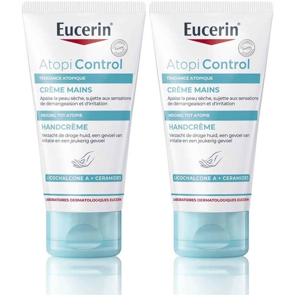 Twee tubes Eucerin AtopiControl Crème Mains. Witte tubes met blauwe tekst en dop. Productnaam en logo duidelijk zichtbaar.
