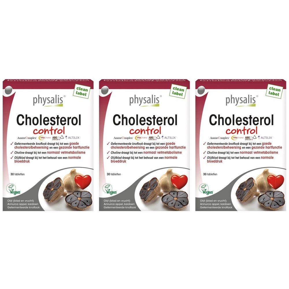 Drie verpakkingen Physalis Cholesterol Control. Rode en witte verpakking met productnaam en informatie. Illustratie van zwarte knoflook.