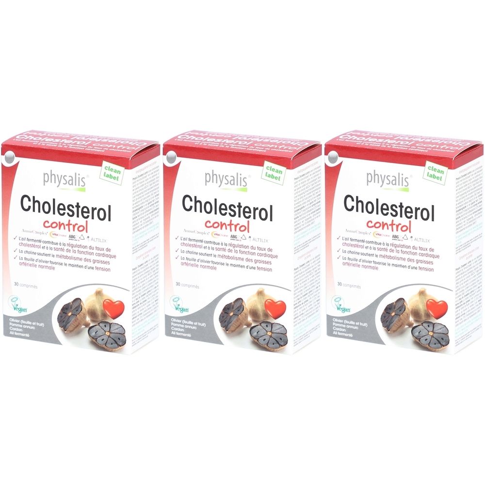 Drie dozen Physalis Cholesterol control. Rode en witte verpakking met productnaam en logo. Vegan.