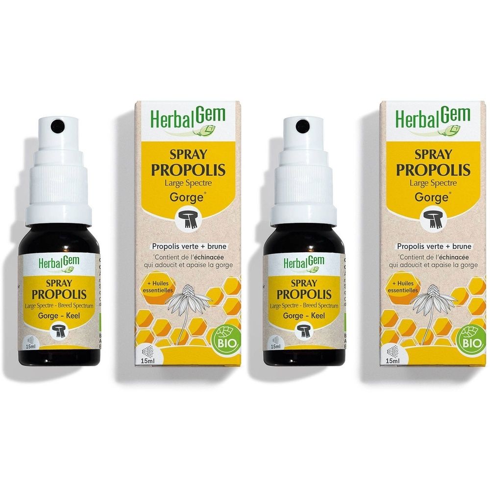 Trois flacons de spray Propolis avec emballage. Inscription: HerbalGem, Spray Propolis, 15ml, label Bio.
