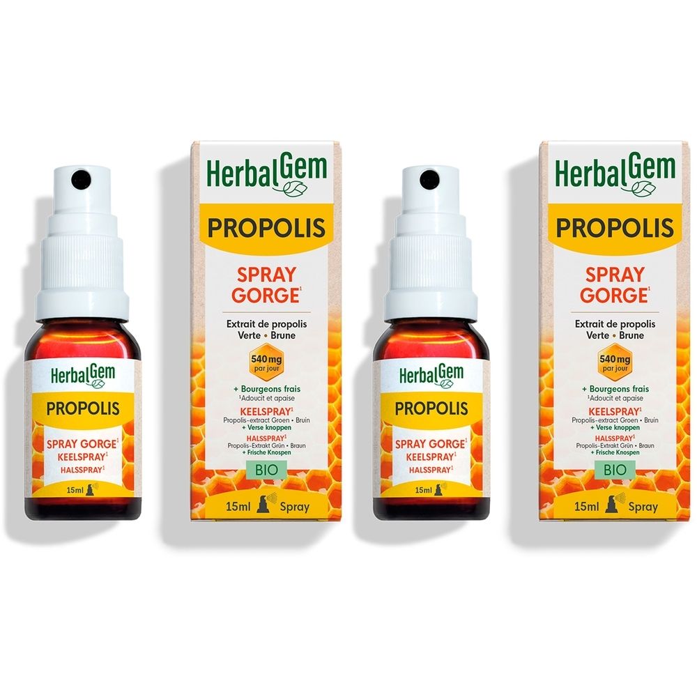 Drie flacons Propolis spray met verpakking. Opschrift: HerbalGem, Spray Propolis, 15ml, Bio label.