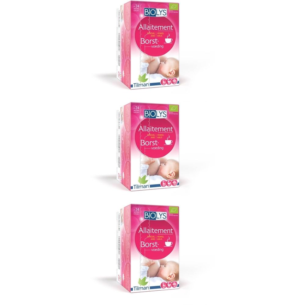 Trois boîtes roses avec le nom BIOLYS. Chaque boîte montre un bébé allaitant. Texte : Allaitement, Borst, voeding.