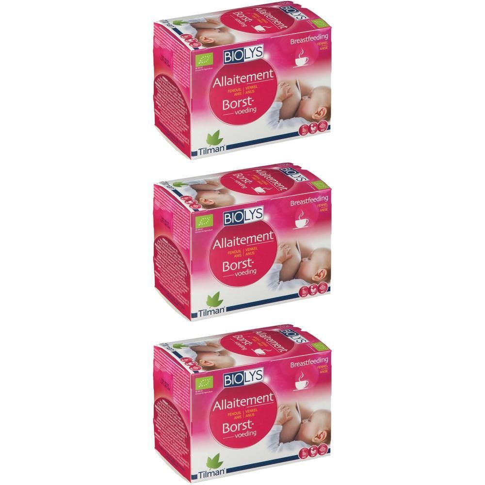 Drie roze BIOLYS-verpakkingen. Tekst en afbeelding van borstvoeding. Opschrift: Allaitement, Borst-voeding, borstvoeding.