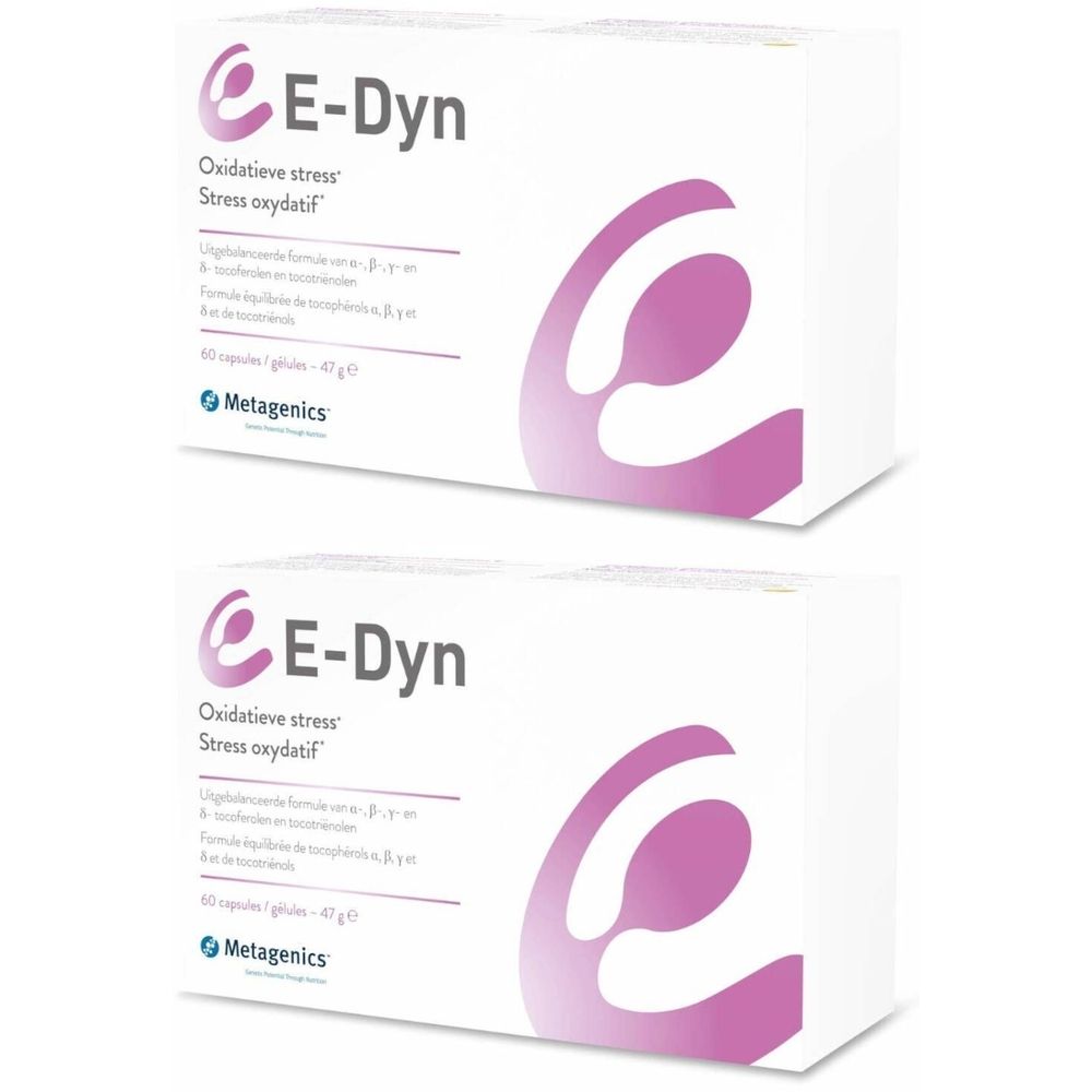 Twee witte dozen met de tekst E-Dyn. Opschrift: Oxidatieve stress. Merk: Metagenics. 60 capsules.