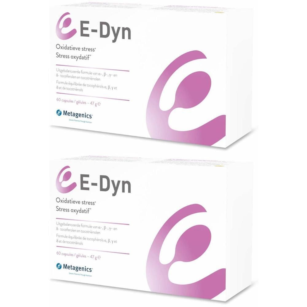 Twee witte dozen met productopdruk. Logo en tekst E-Dyn linksboven. Daaronder tekst: Oxidatieve stress.