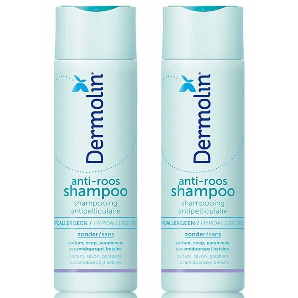 Deux flacons de shampooing antipelliculaire Dermolin. Flacons bleu clair avec texte blanc. Bouchon bleu en haut. Texte: anti-roos shampoo.