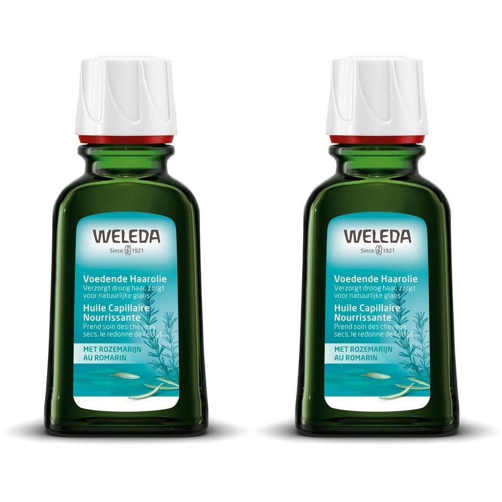Twee groene glazen flessen met witte dop. Op het etiket staat "WELEDA" en "Huile Capillaire Nourrissante".
