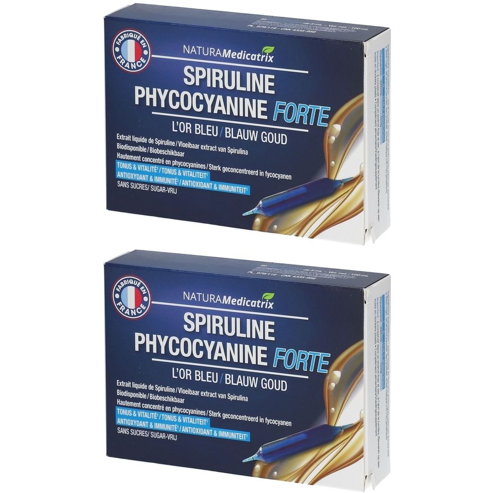 Twee dozen Naturamedicatrix Spiruline Phycocyanine Forte. Blauwe verpakking met productnaam en logo. Gemaakt in Frankrijk.