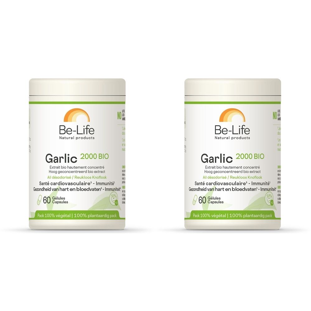 Deux boîtes blanches "Be-Life Garlic 2000 BIO". Texte: 60 gélules. Logo vert et orange.