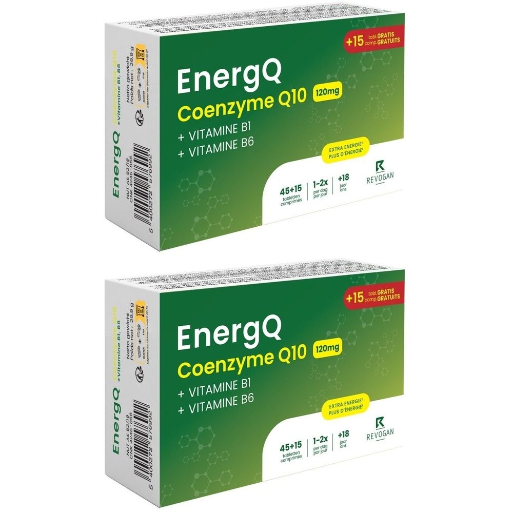 Deux boîtes de EnergQ Coenzyme Q10. Inscription : + VITAMINE B1 + VITAMINE B6. Avec 15 comprimés gratuits. Marque Revogan.
