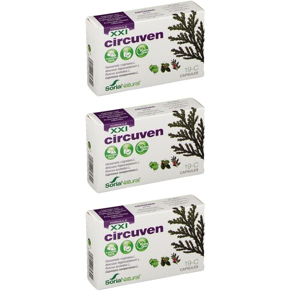 Drie dozen met "circuven XXI". De naam "Soria Natural" is zichtbaar. Elke doos bevat 19 capsules.