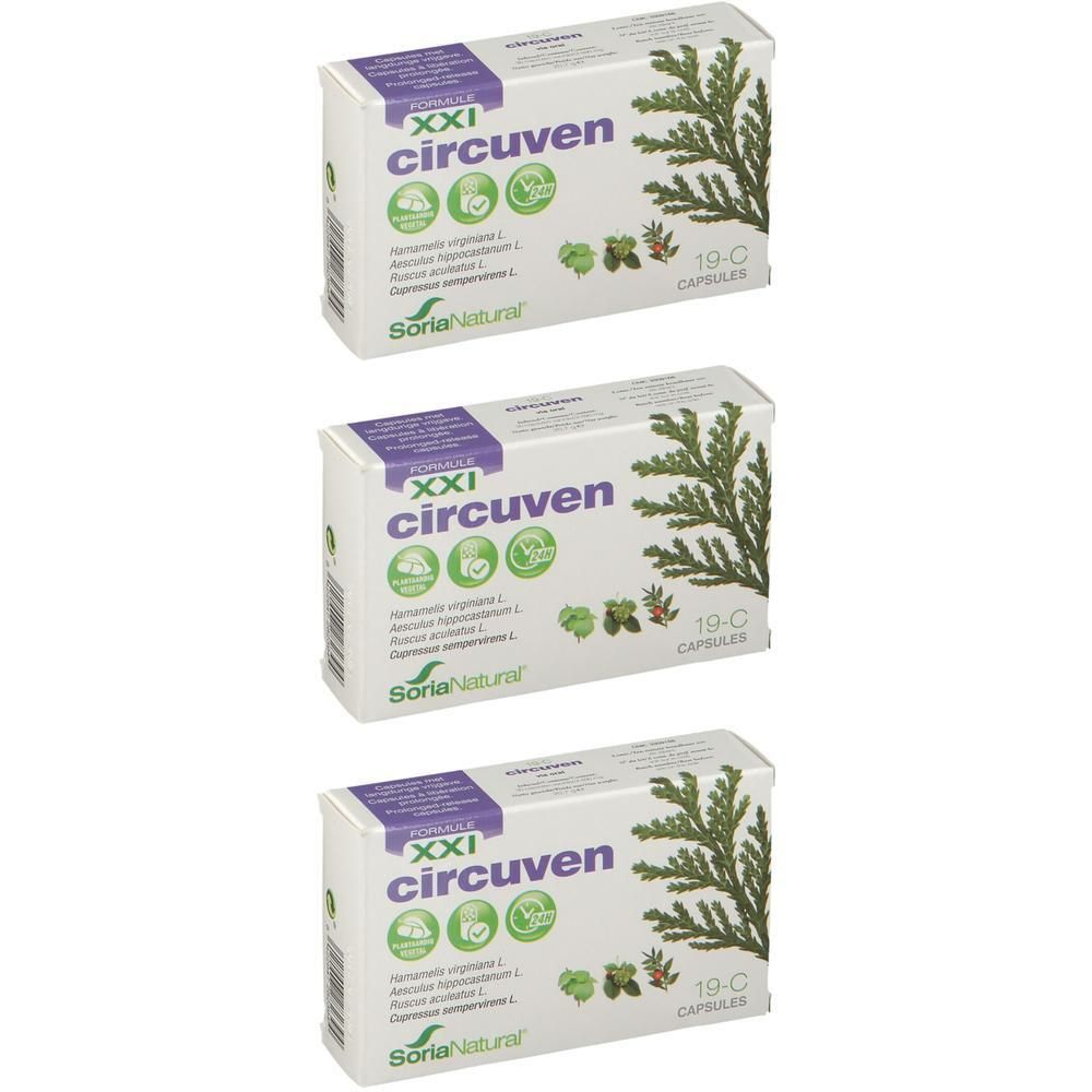 Trois boîtes de Soria Natural Circuven XXI. Emballage blanc avec nom du produit, éléments verts et 19-C Capsules.