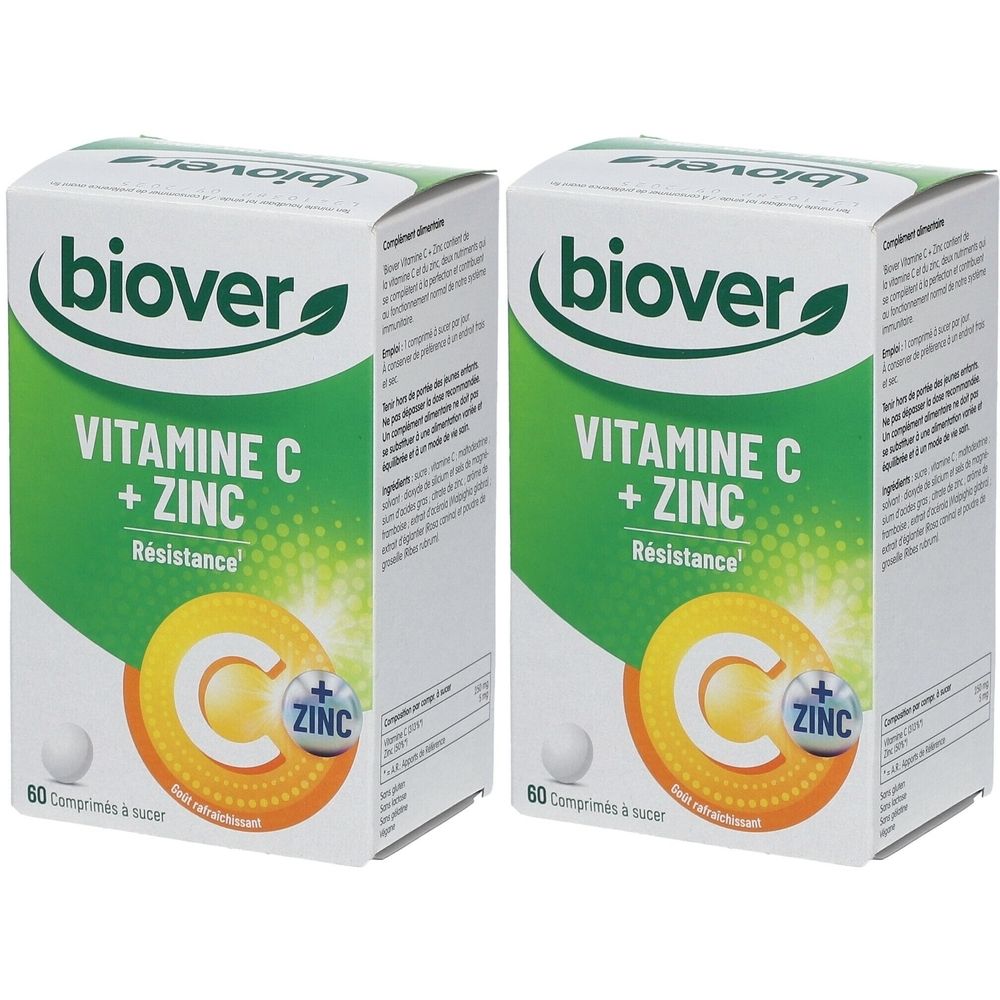 Deux boîtes de Biover Vitamine C + Zinc. Inscription : Vitamine C + Zinc, Résistance. 60 comprimés à sucer. Logo : C avec symbole Zinc.
