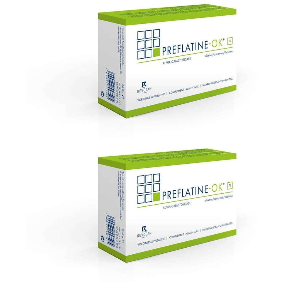 Twee dozen Preflatine-OK. Witte dozen met groene accenten. Opschrift Preflatine-OK en logo.