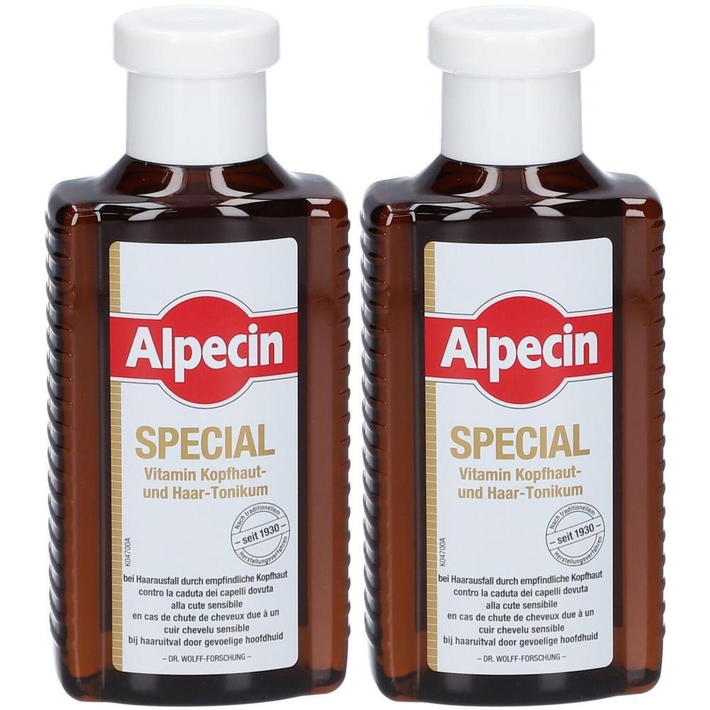 Twee flessen Alpecin Special Vitamin Kopfhaut- en Haar-Tonikum. Bruine flessen met witte doppen en etiketten.