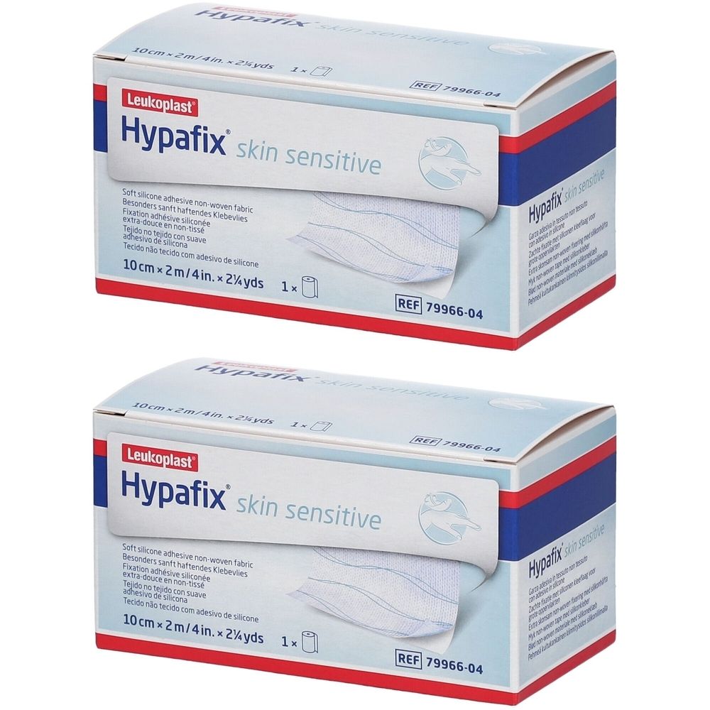 Deux boîtes de Hypafix Skin Sensitive. Inscription : 10cm x 2m, 1 pièce. Marque Leukoplast. Emballage blanc et bleu avec le nom du produit.