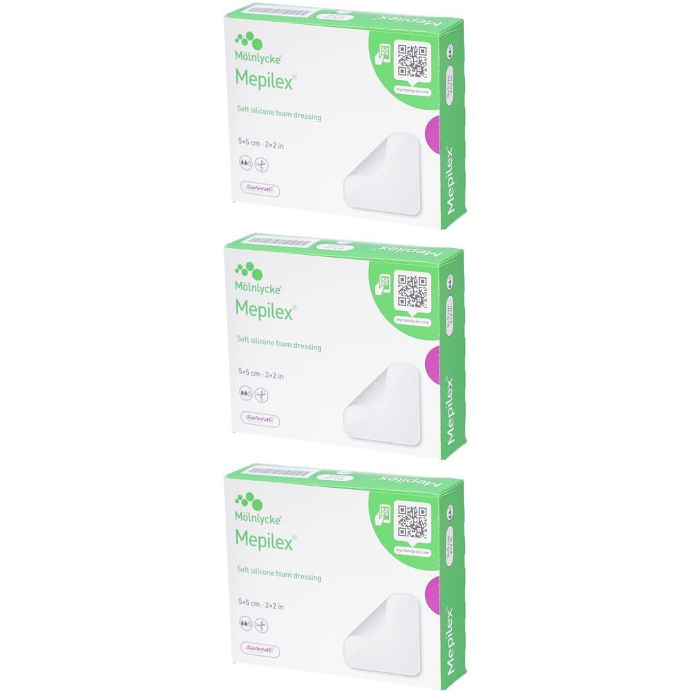 Trois boîtes de Mepilex®. Pansement en mousse de silicone souple. 5x5 cm. Emballage vert et blanc avec code QR.