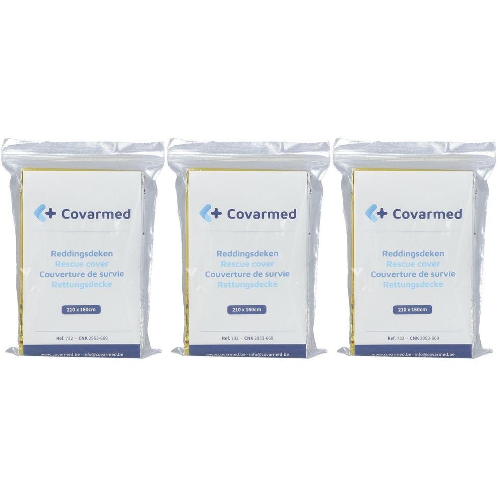 Drie reddingsdekens in folieverpakking. Opschrift: Covarmed, reddingsdeken, 210x160cm.