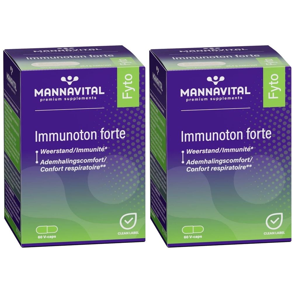 Deux boîtes de Mannavital Immunoton Forte. Emballage violet et vert avec nom du produit et informations complémentaires. Inscription: Weerstand/Immunité, Ademhalingscomfort/Confort respiratoire.