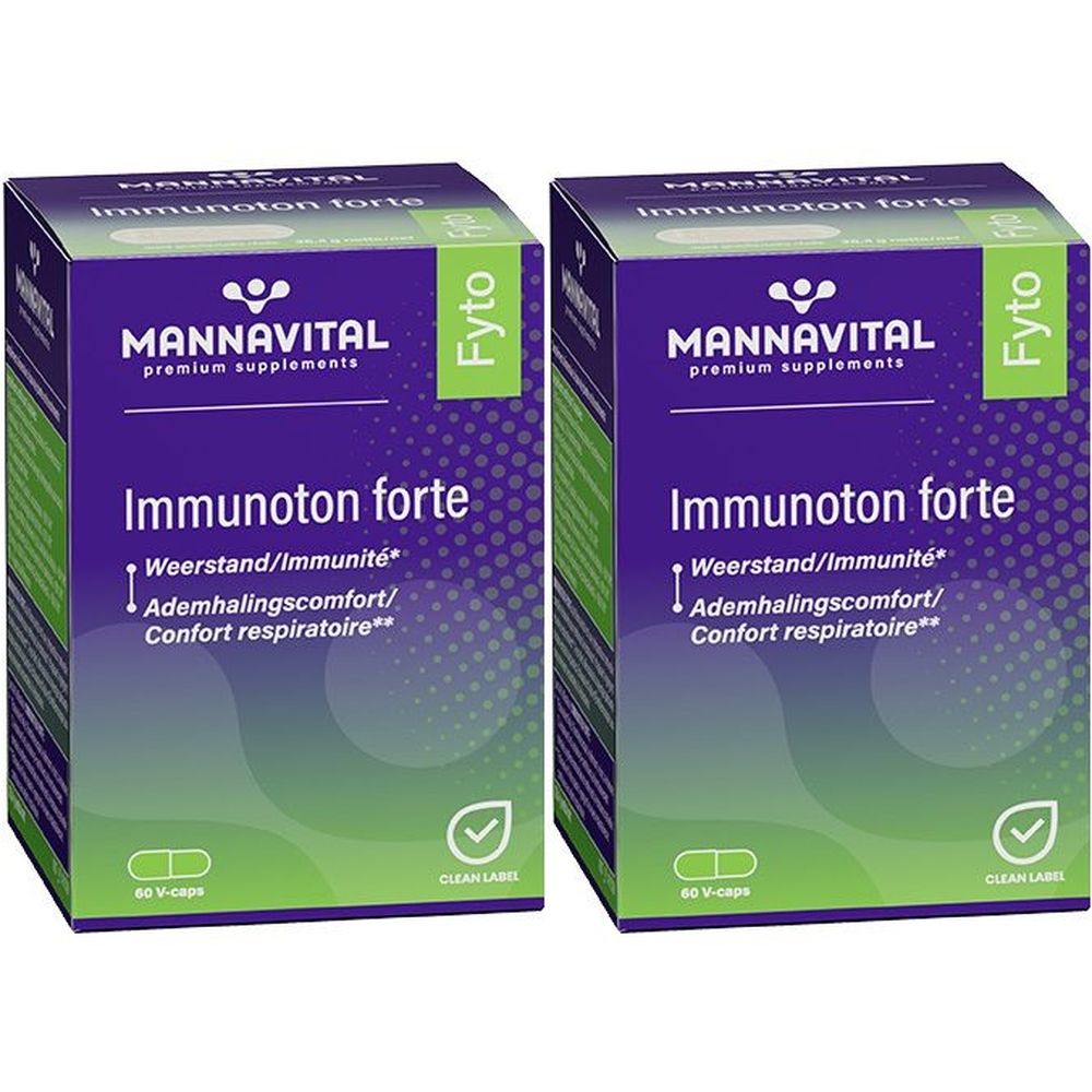 Deux boîtes de Mannavital Immunoton Forte. Emballage violet et vert avec nom du produit et informations.