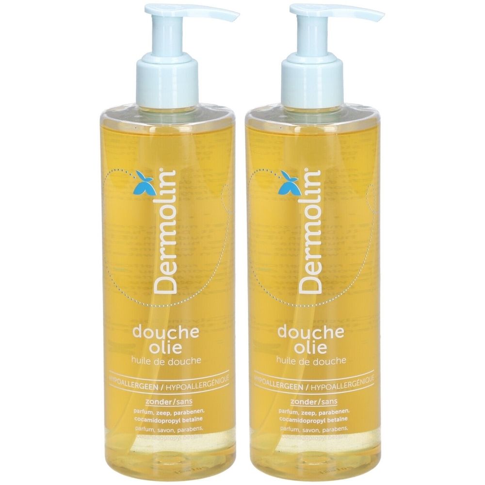 Twee flessen Dermolin douche-olie met lichtblauwe pompen. Gele vloeistof. Producttekst op etiket.