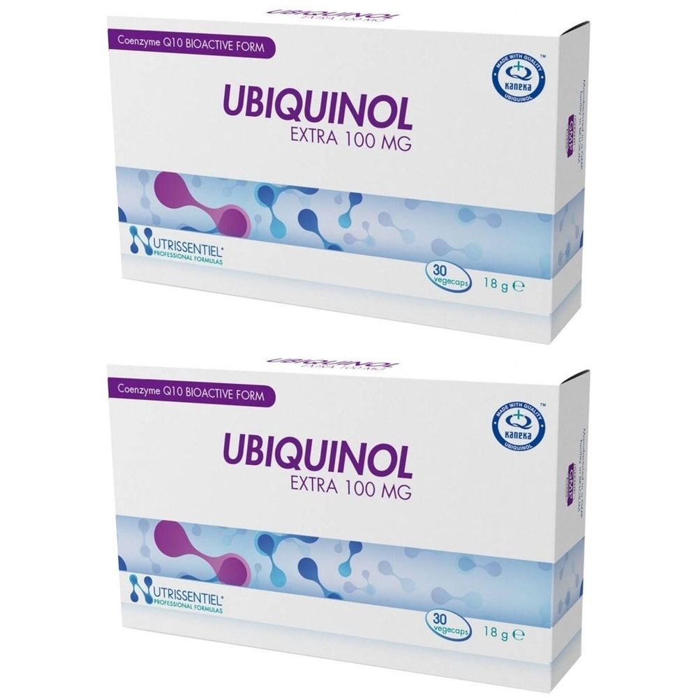 Twee witte dozen met UBIQUINOL EXTRA 100 MG. Logo NUTRISSENTIEL. Bevat 30 capsules.
