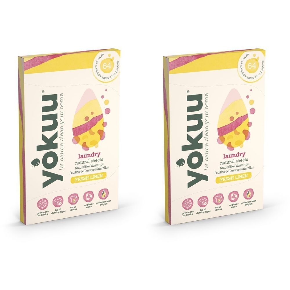 Deux boîtes de feuilles de lessive YOKUU®. Blanches, accents jaunes et roses. Texte : "laundry natural sheets", "Fresh Linen".