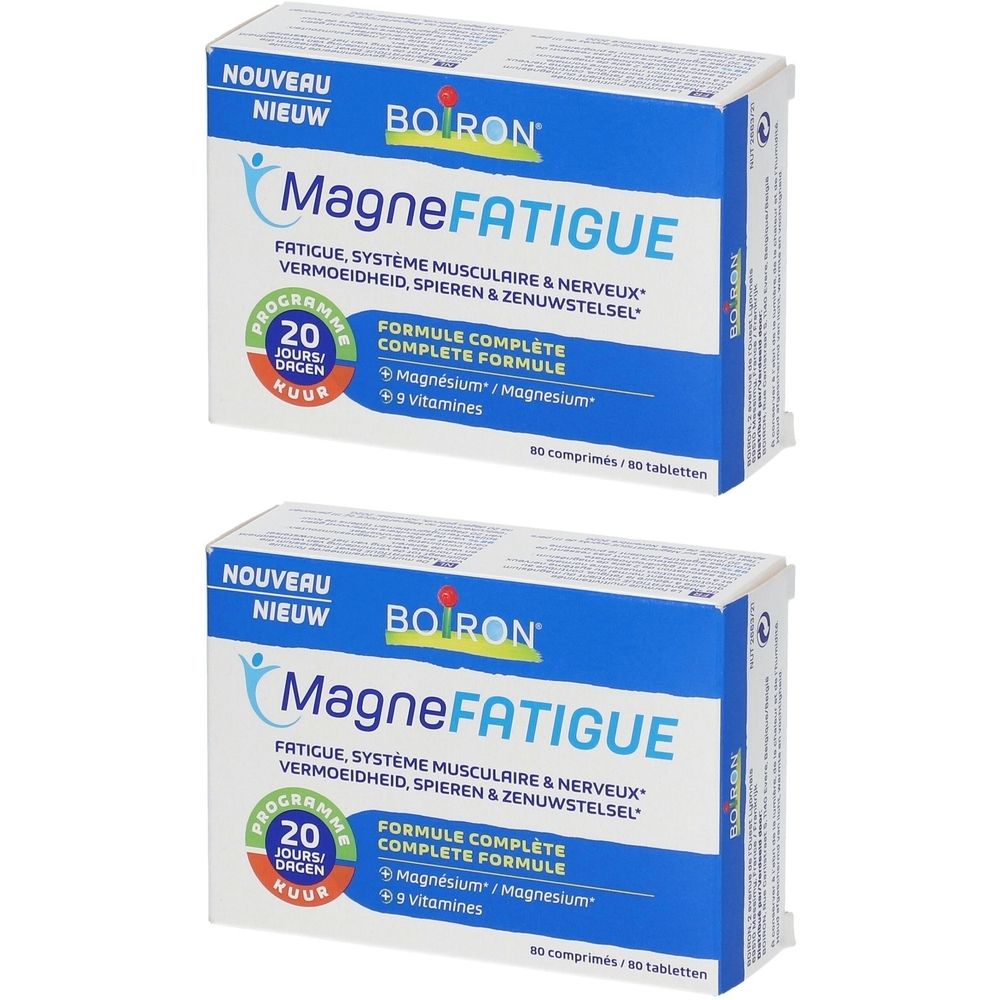 Deux boîtes de MagneFATIGUE. Emballage bleu et blanc avec nom et logo du produit. Contient 20 comprimés.