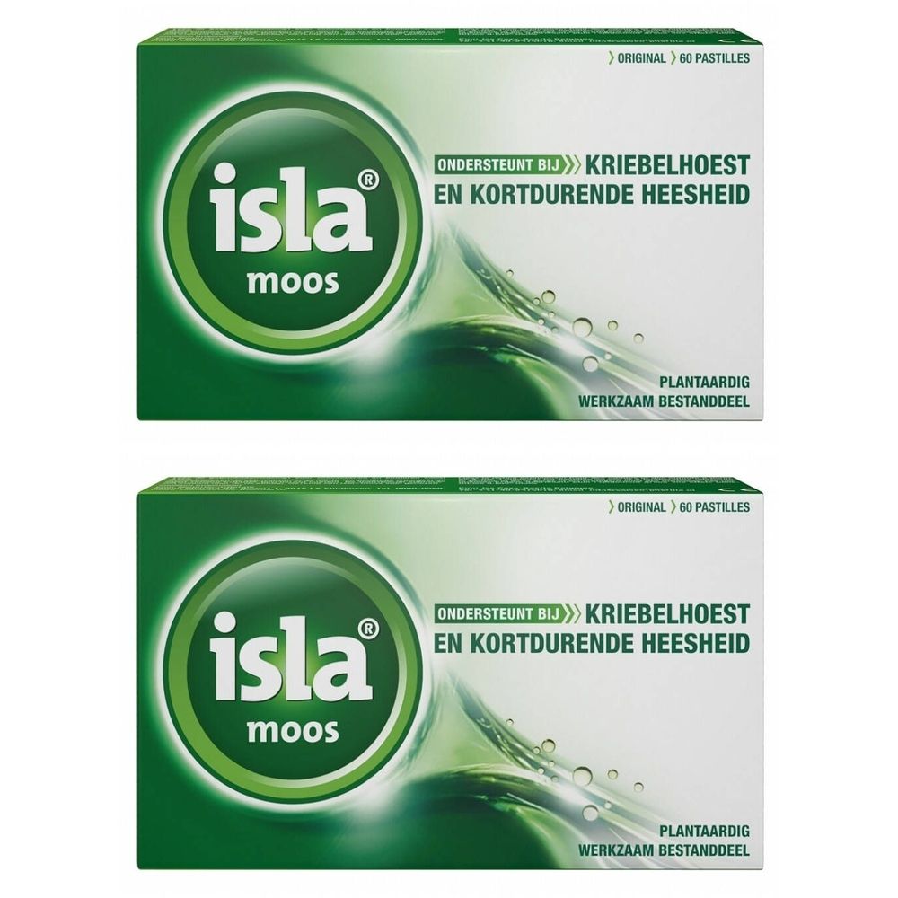 Deux boîtes vertes avec le logo "isla moos". Texte : "KRIEBELHOEST EN KORTDURENDE HEESHEID". "ORIGINAL" et "60 PASTILLES".