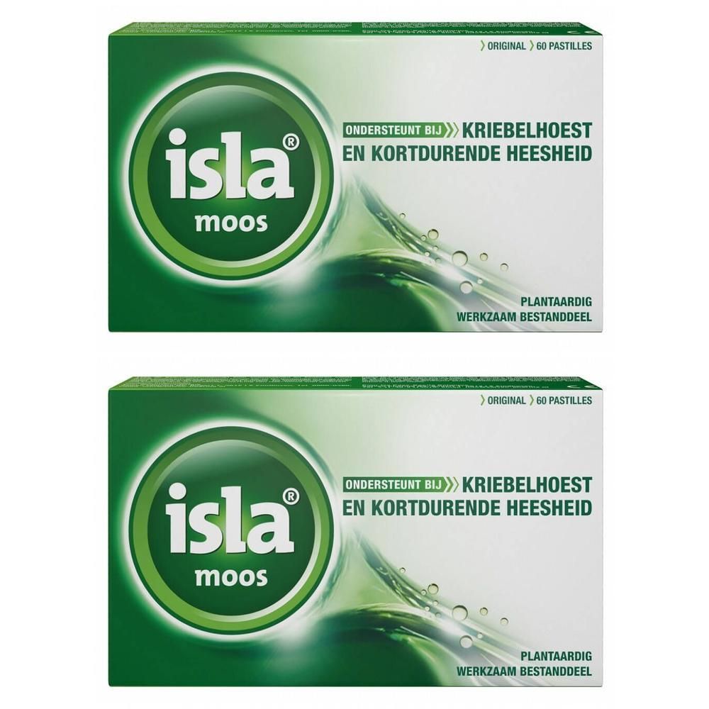 Twee verpakkingen Isla Moos. Groen-witte verpakking met logo en tekst. Bevat 60 pastilles.