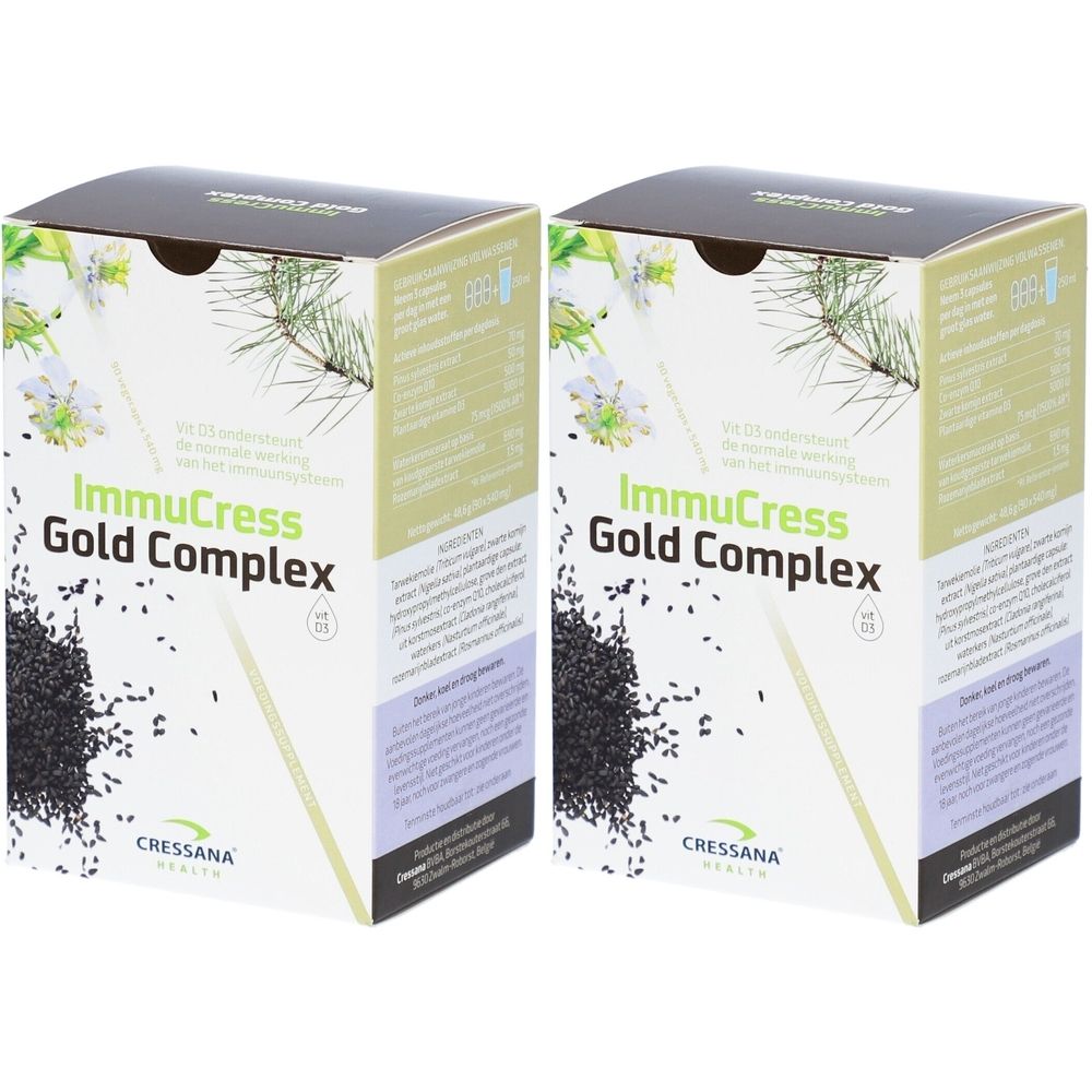 Twee dozen met "ImmuCress Gold Complex". Zwarte zaden en groene plantmotieven op witte achtergrond. Merk: CRESSANA.