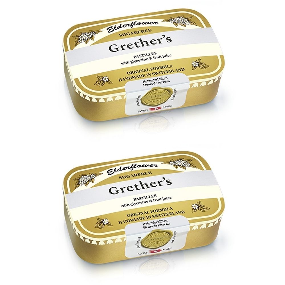 Twee gouden pastilles-dozen met wit etiket. Opschrift: Grether's Pastilles, originele formule, handgemaakt in Zwitserland.