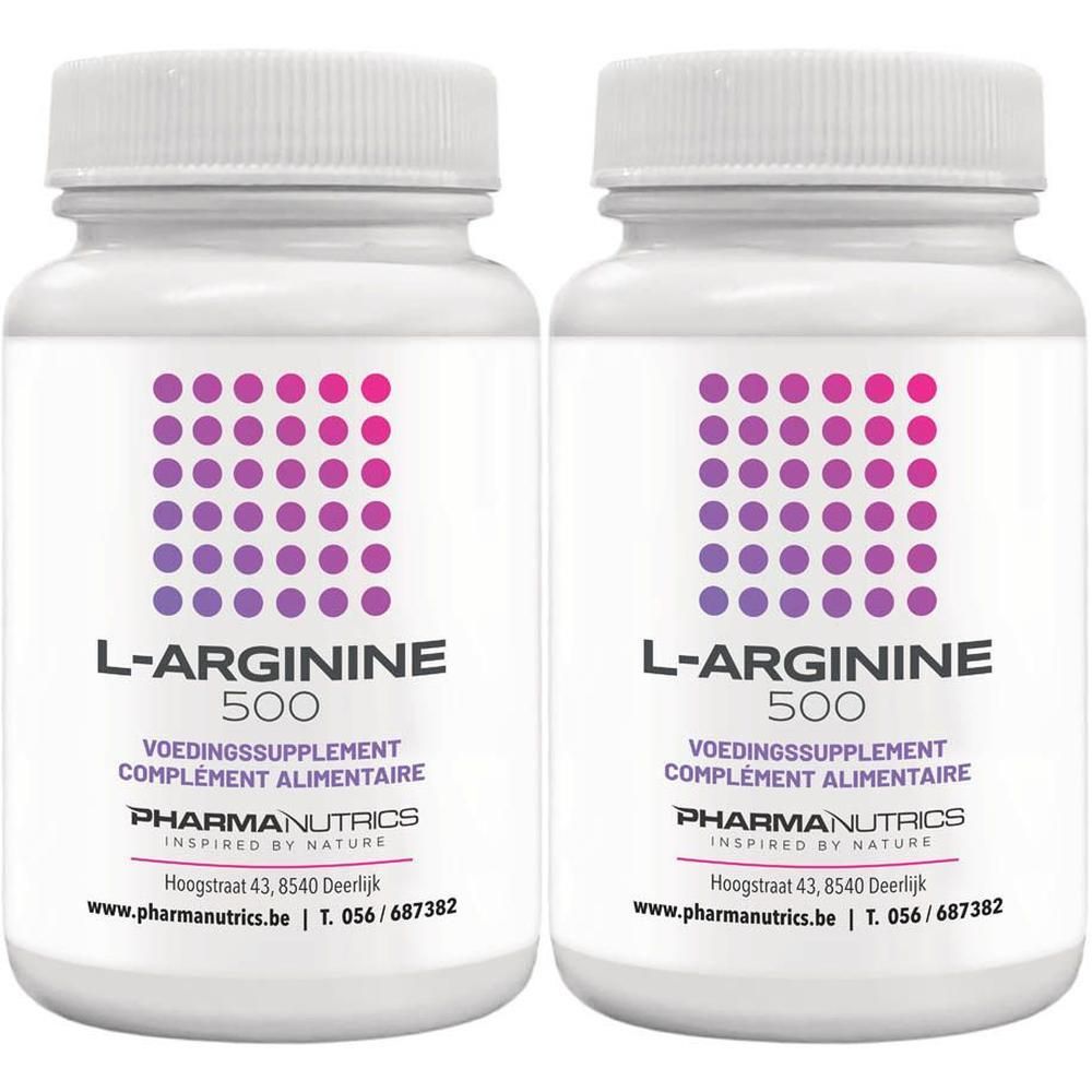 Twee witte flessen met etiketten. Opschrift: L-Arginine 500, voedingssupplement. Merk: Pharmanutrics.