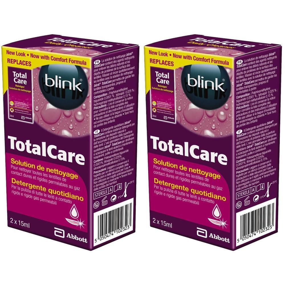 Twee verpakkingen Blink TotalCare. Paarse verpakking met productnaam en logo. 2 x 15ml.