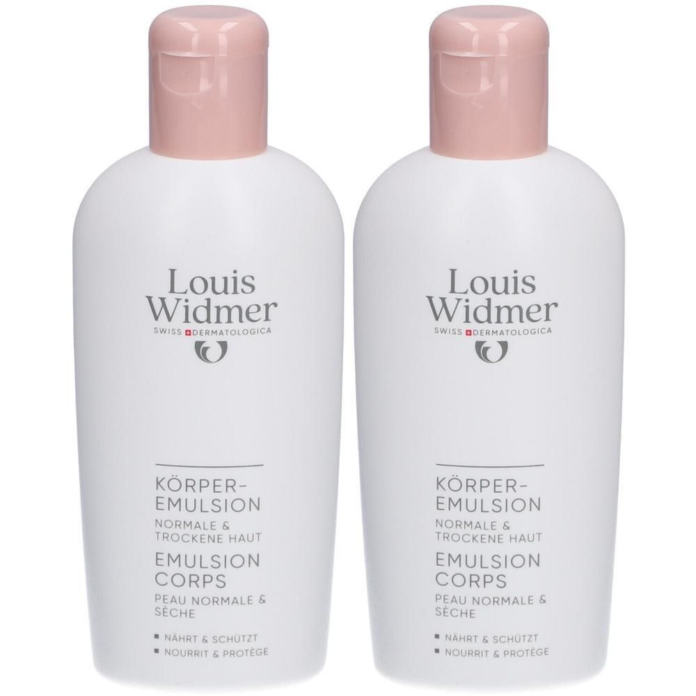 Twee flessen Louis Widmer Emulsion Corps. Witte flessen met roze dop. Tekst: Emulsion Corps, Normale & droge huid.