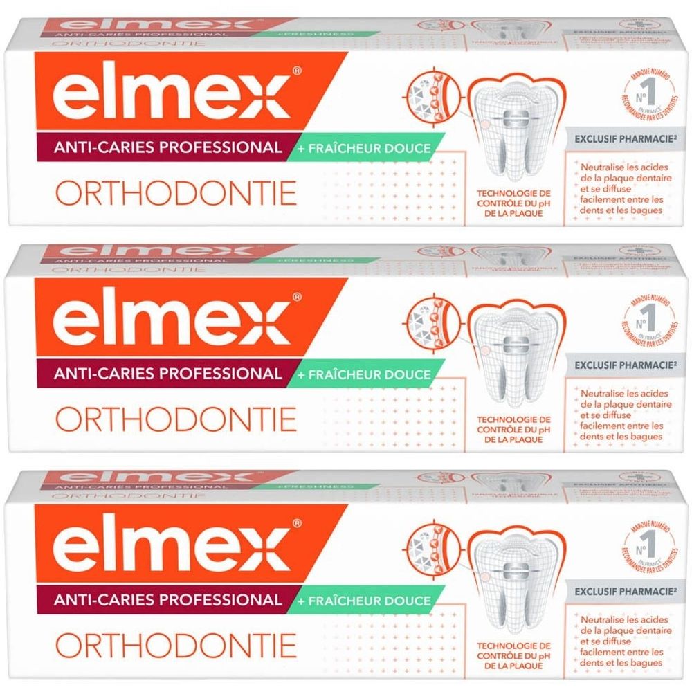 Trois boîtes de dentifrice. Inscription: elmex® Anti-Caries Professional Orthodontie. Illustration d'une dent avec appareil.