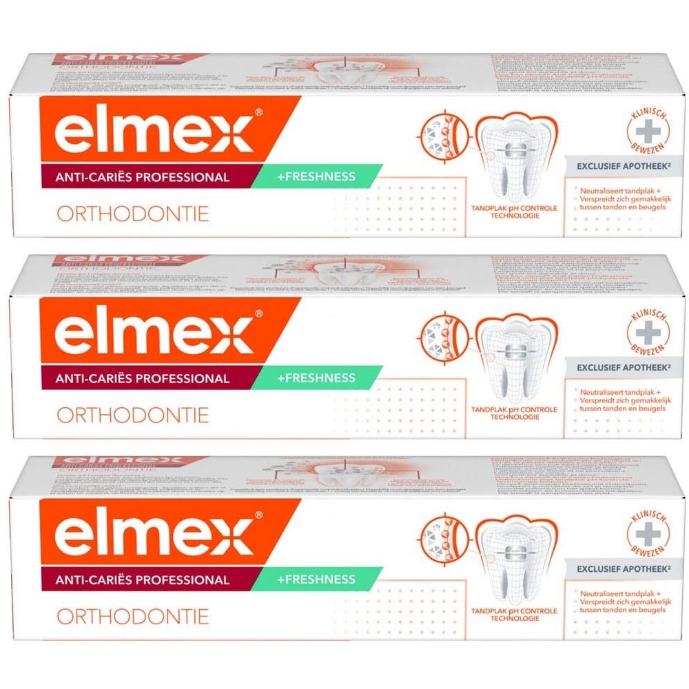 Drie dozen tandpasta. Opschrift: elmex® Anti-Caries Professional Orthodontie. Illustratie van een tand met beugel.