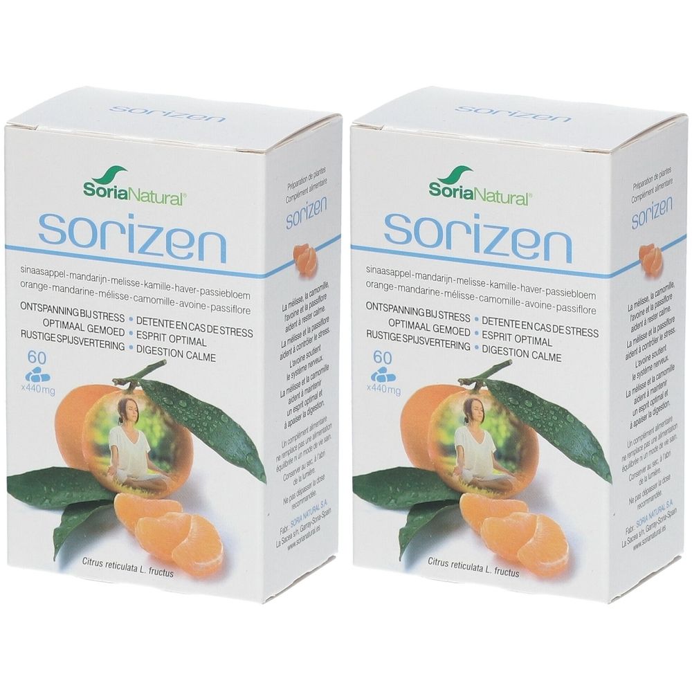 Deux boîtes de Soria Natural Sorizen. Nom du produit, ingrédients et 60 comprimés imprimés. Illustration d'une mandarine.