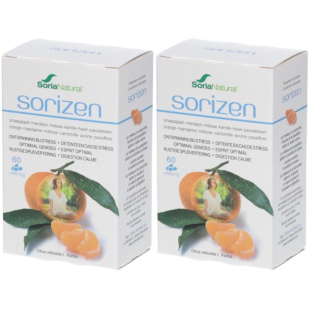 Twee dozen Soria Natural Sorizen. Wit, met productnaam en afbeelding van mandarijnen. 60 tabletten.