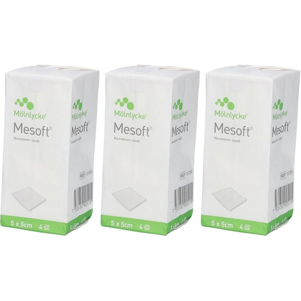 Drie witte verpakkingen met Mesoft. Op elke verpakking staat 5x5cm en 4 stuks.