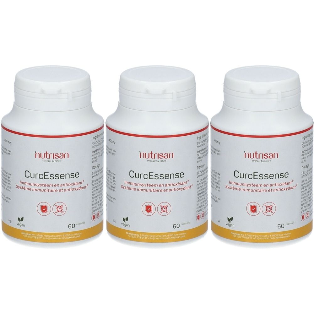 Drie witte flessen met rode tekst. Op elke fles staat "Nutrisan CurcEssence". Vegan logo en aanduiding van 60 capsules.