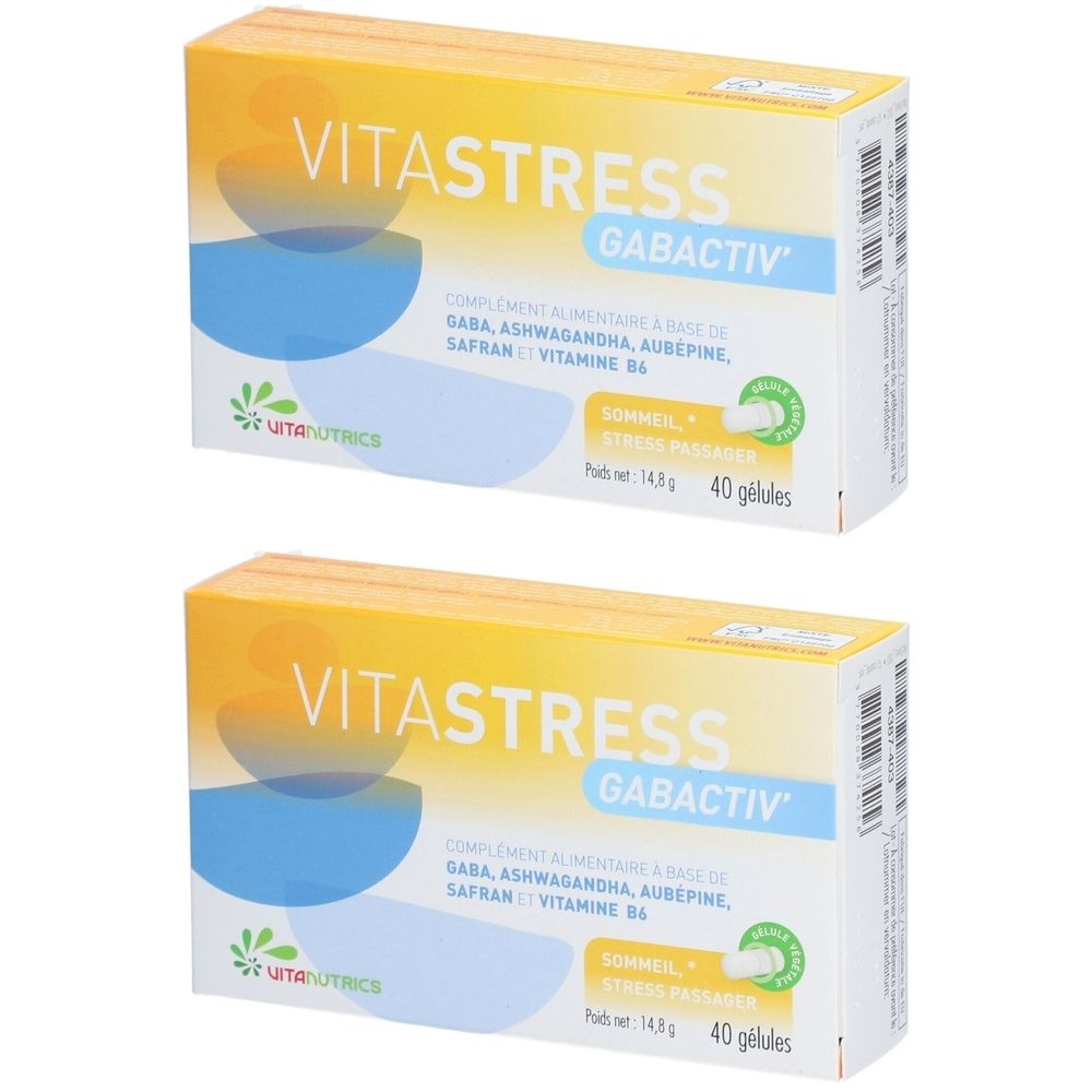 Twee dozen Vitastress Gabactiv. Gele verpakking met blauwe elementen en productinformatie. 40 capsules.