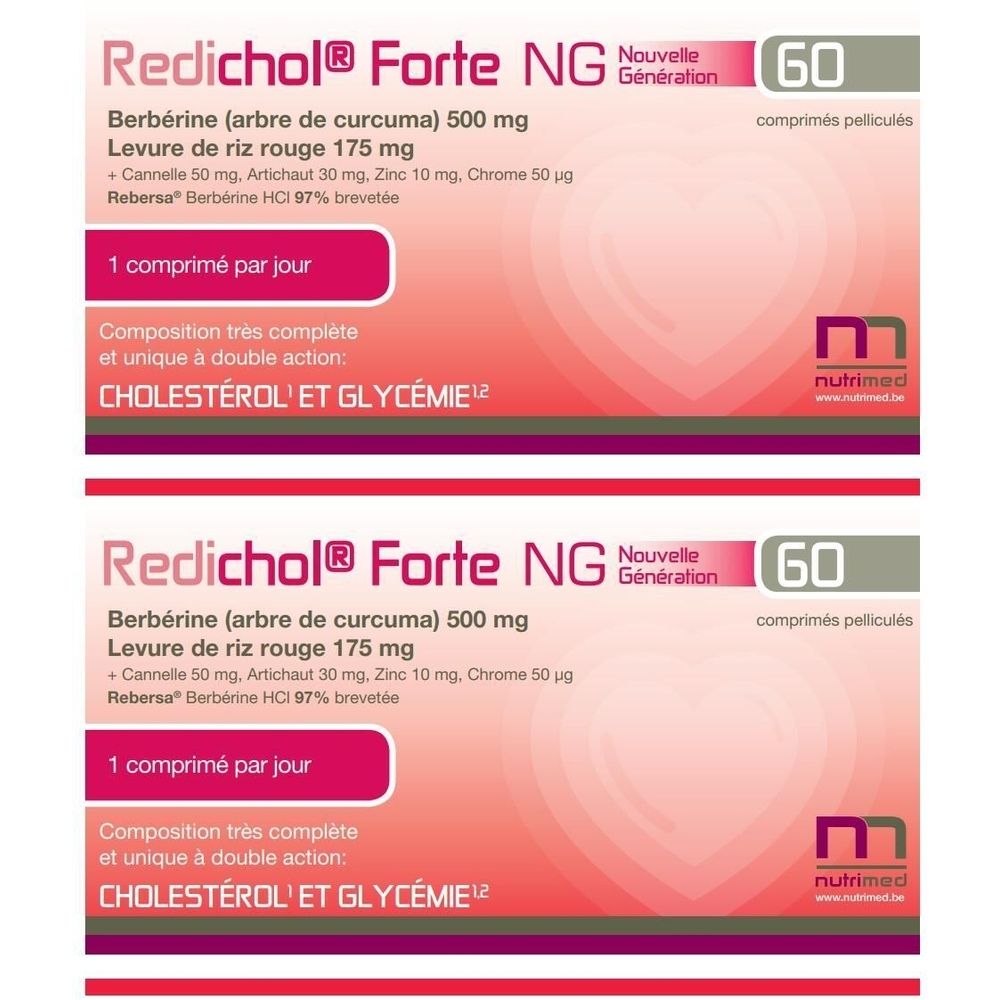 Boîte de comprimés. Rouge et blanc, avec nom du produit et informations. 60 comprimés pelliculés.