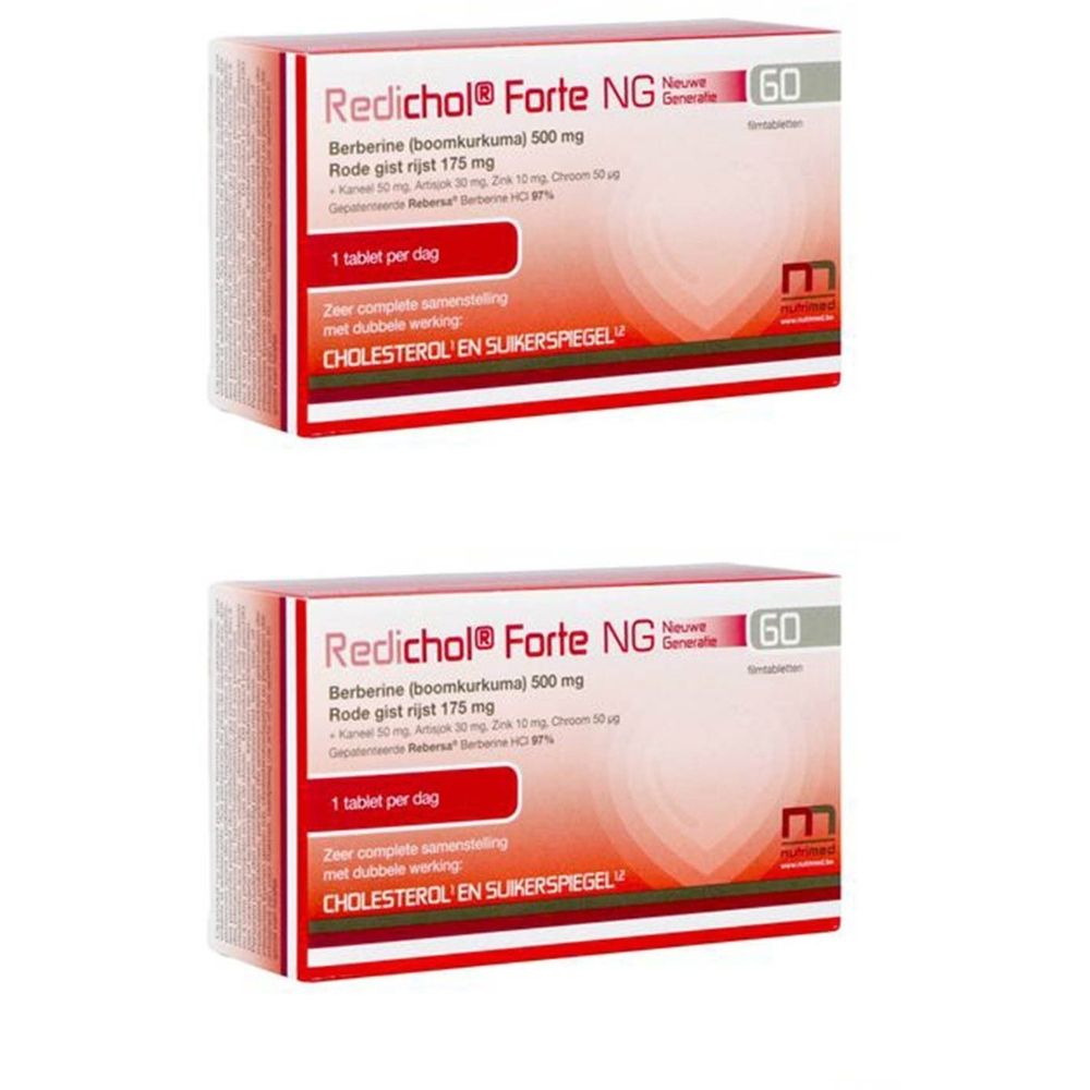 Verpakking met tabletten. Rode en witte doos met productnaam en details. 60 tabletten.